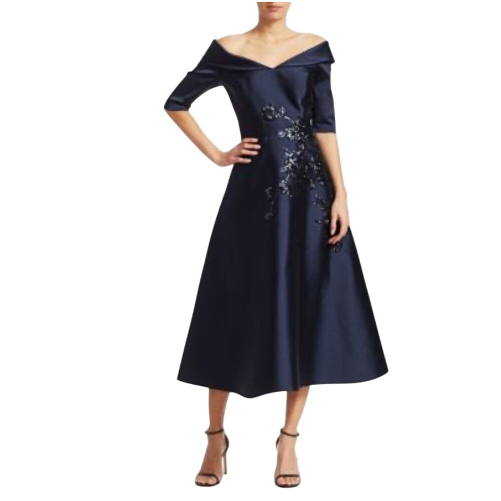 Teri Jon navy blue Sequin Flower Off Shoulder Midi Dress A-line cocktail 12